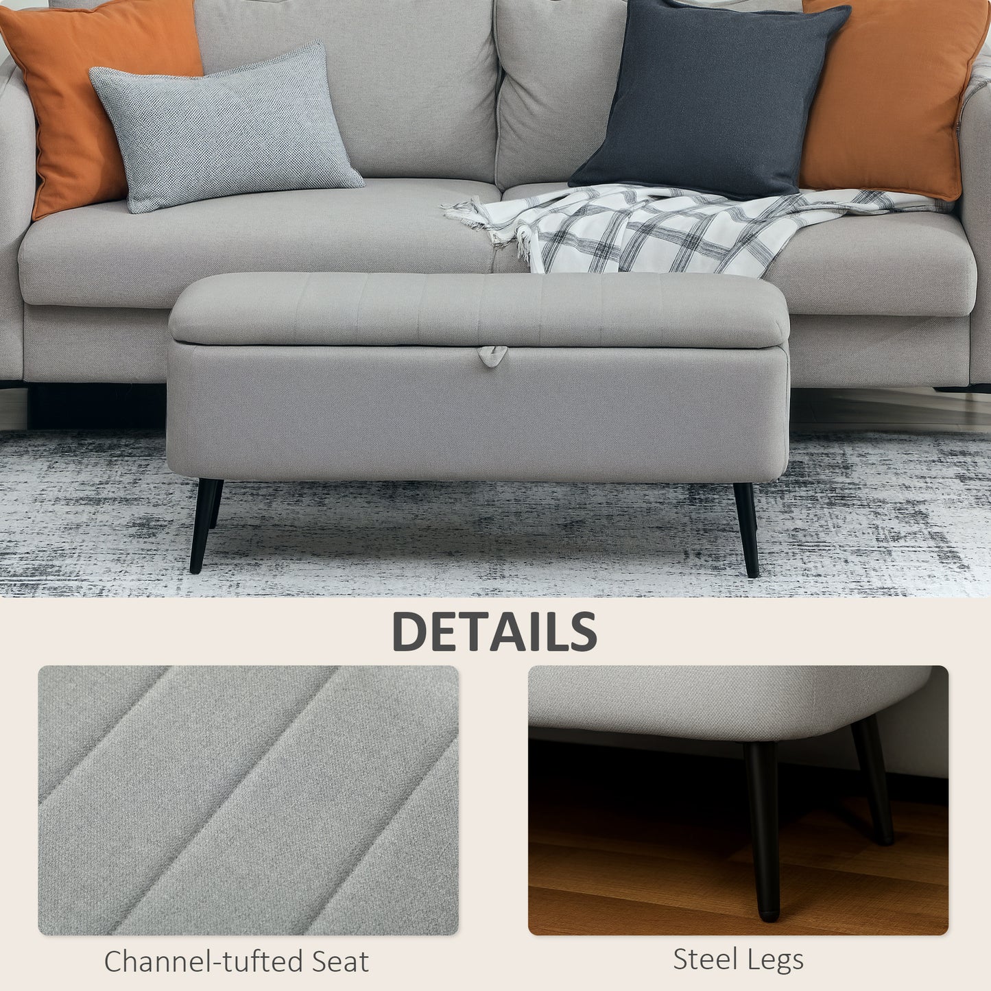 HOMCOM Linen-Look Storage Ottoman 92 x 31 cm Light Grey Padded Lid For Comfort And Hidden Storage
