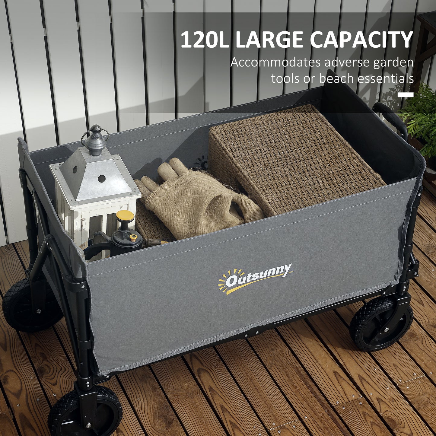 Outsunny 120L Trolley On Wheels Folding Camping Trolley Cart With Adjustable Handle For Garden Beach Fishing Grey