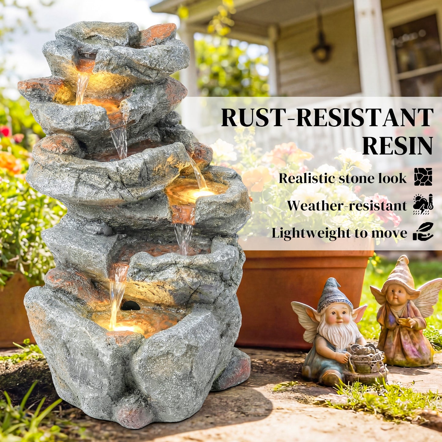 Outsunny 6-Tier Rock Style Outdoor Water Fountain With Cascading Waterfall LED Lights Adjustable Flow Grey