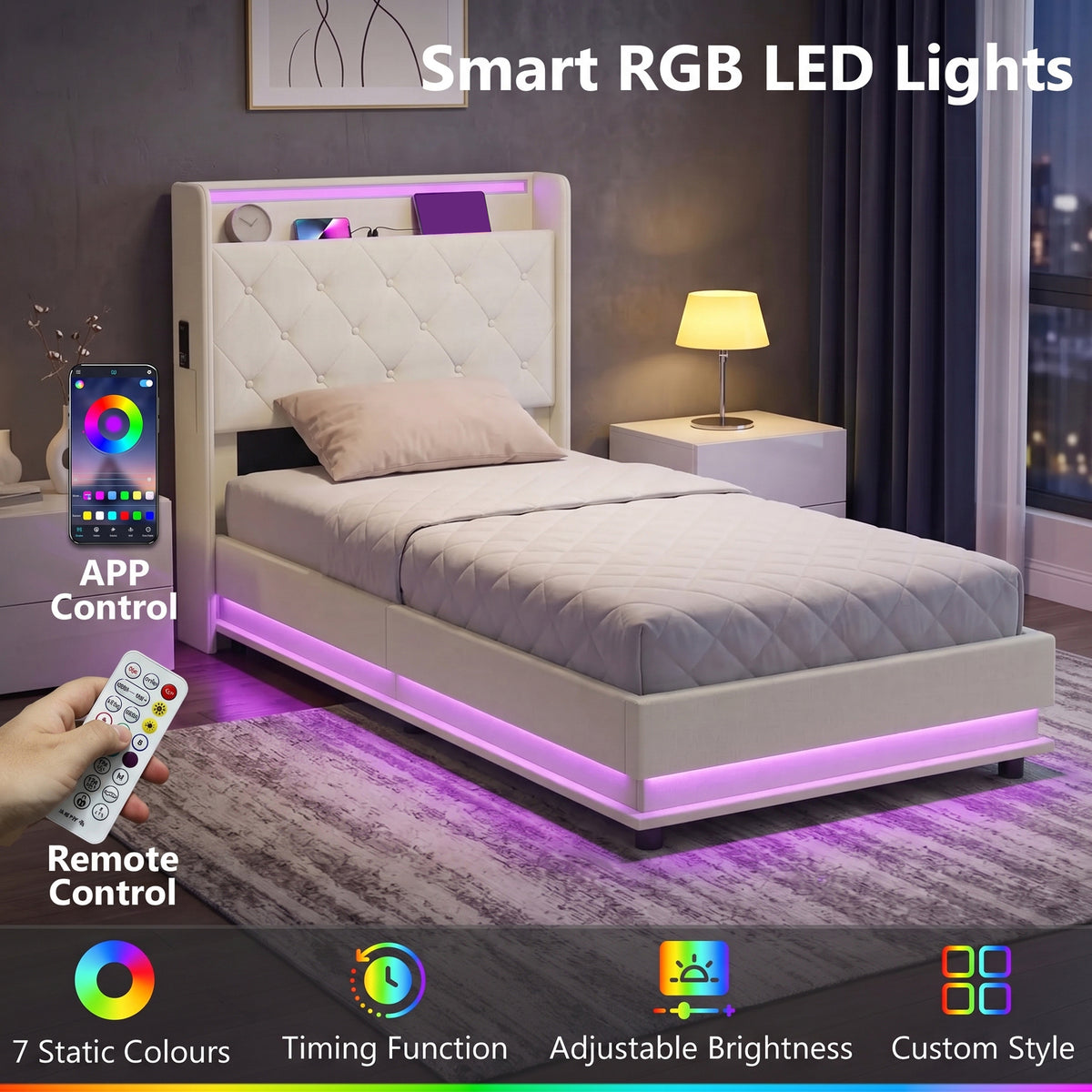 Homcom 3ft Single Bed Frame With Hydraulic Storage LED Lights