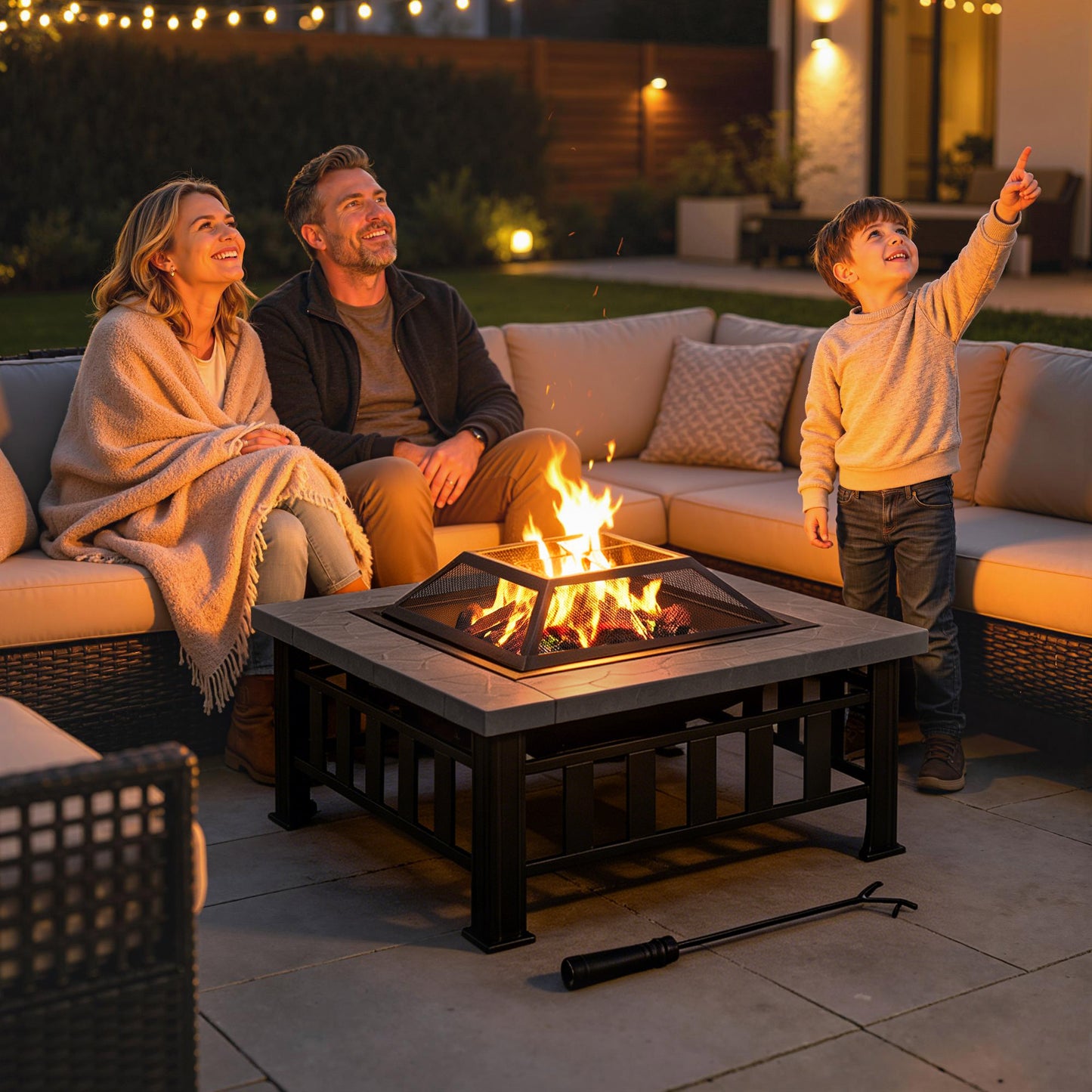 Outsunny Outdoor Square Fire Pit With Rain Cover And Log Grate For Backyard Camping BBQ Bonfire 86 x 86 x 54cm Black