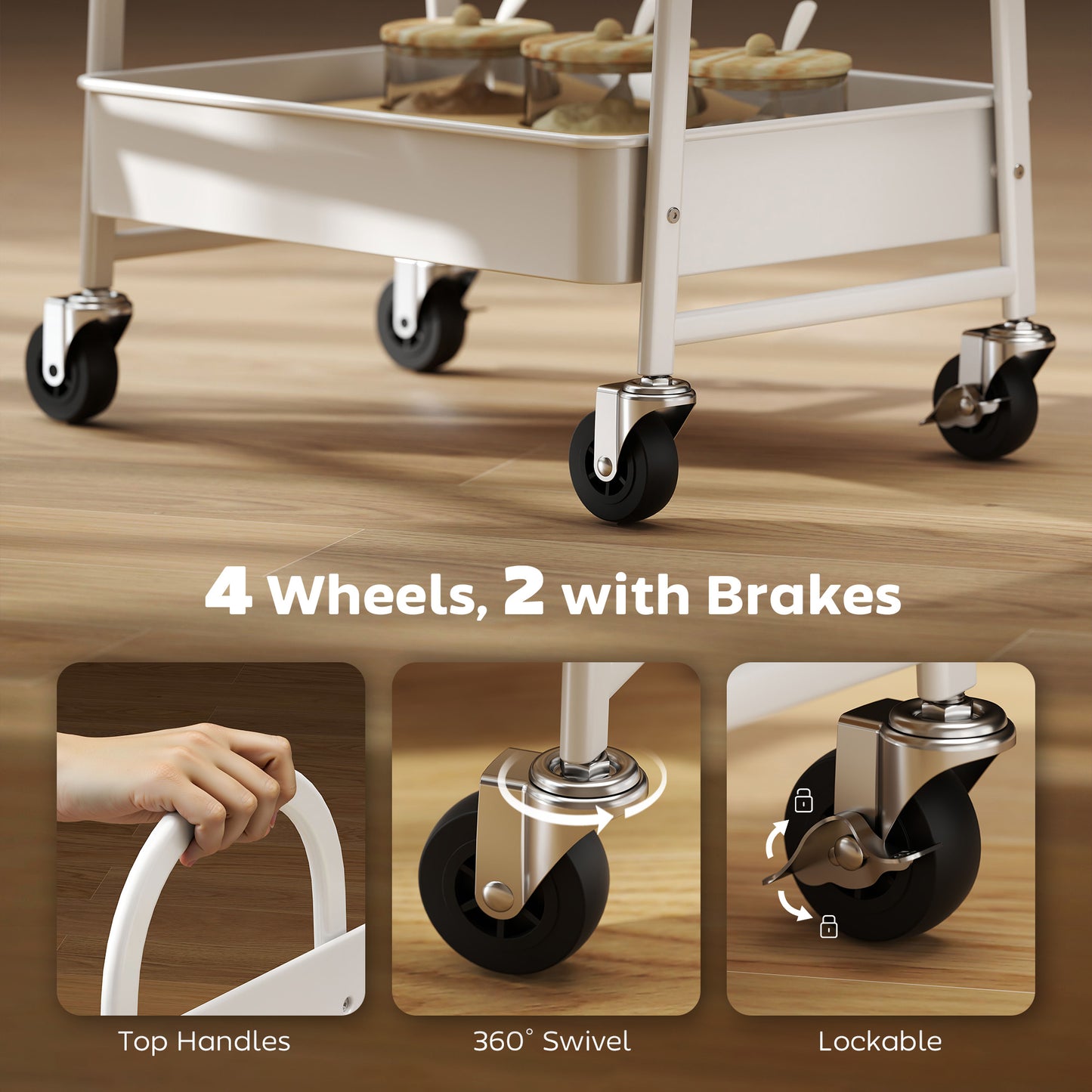 HOMCOM 3-Tier Kitchen Storage Trolley On Wheels With Cover Top Board White And Oak