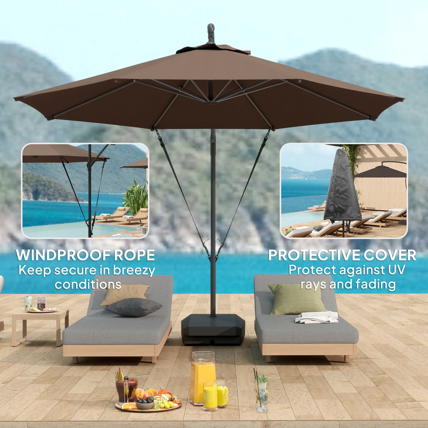 Outsunny 3m Cantilever Garden Parasol With Fillable Base Up To 90kg Wind Straps Tilt Crank UPF50Plus Brown Cover