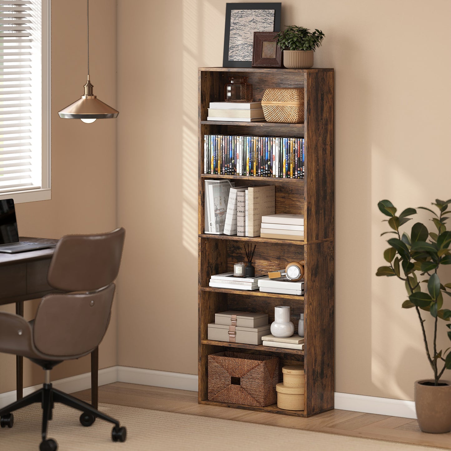 HOMCOM Six Shelf Bookcase Rustic Brown With Four Adjustable Shelves And Melamine Finish