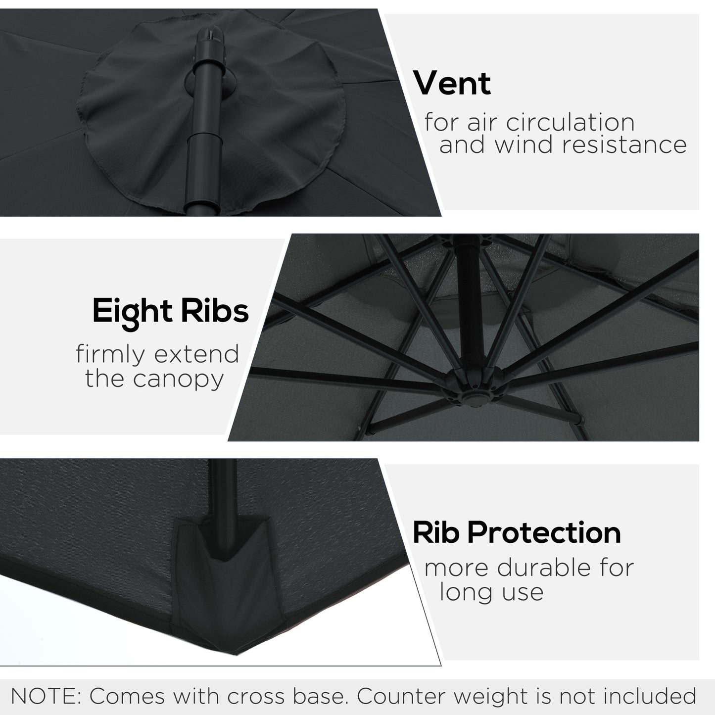 Outsunny Large Black Cantilever Patio Umbrella with Adjustable Canopy - 3M Outdoor Shade - ALL4U RETAILER LTD