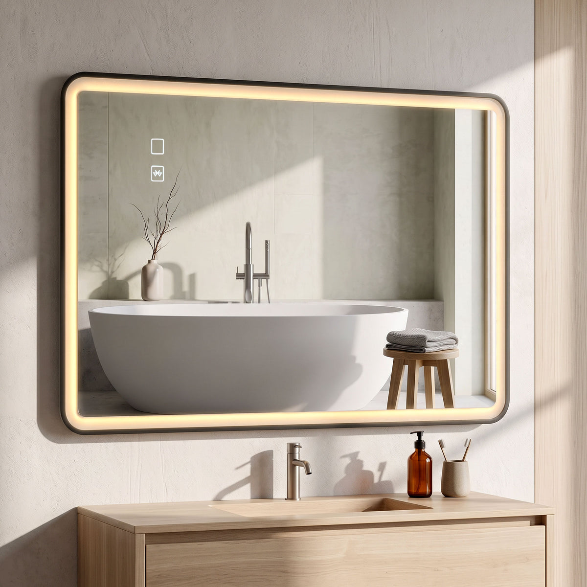LED bathroom mirror with warm perimeter light and touch icons