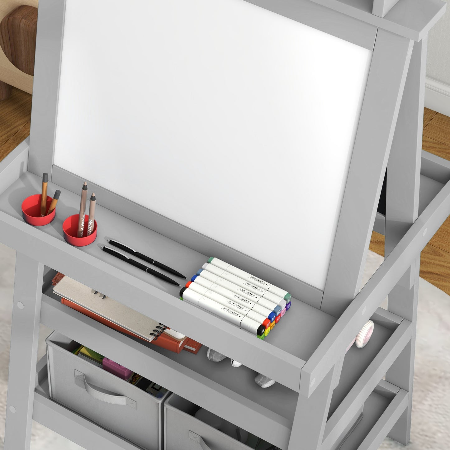 AIYAPLAY 3 in 1 Kids Easel Double Sided Magnetic Whiteboard and Chalkboard with Paper Roll and Storage Baskets Grey