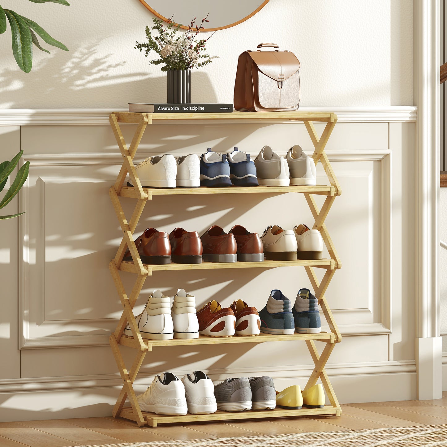 HOMCOM Five Tier Folding Bamboo Shoe Rack That Holds Up To 15 Pairs With Natural Finish