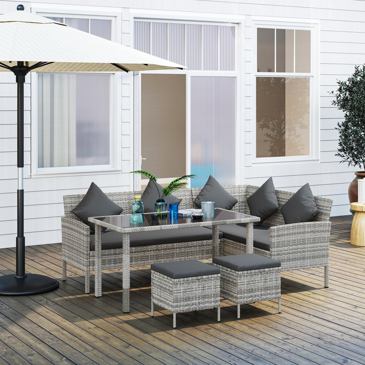 Outsunny 6 Seater Rattan Outdoor Garden Dining Set With Table Two 2-Seat Lounger Sofas Two Footstools Cushions Dark Grey