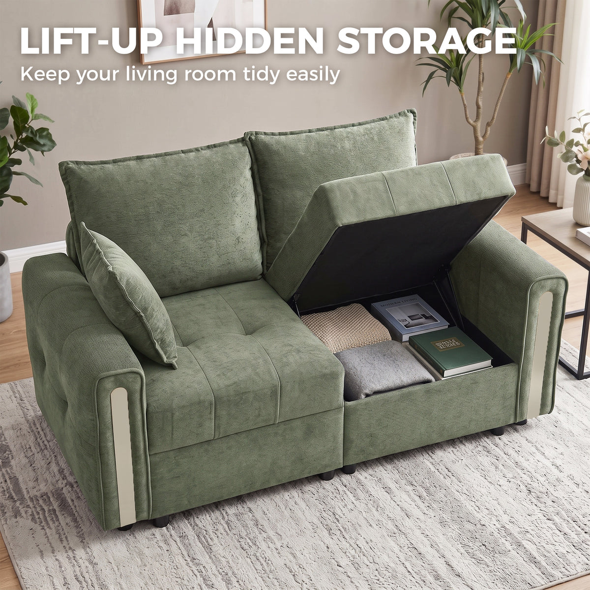 Dark green velvet loveseat sofa with lift-up hidden storage and padded armrests