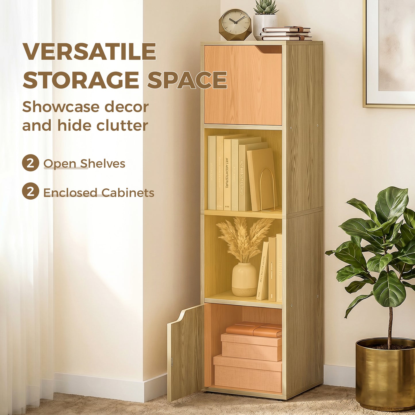HOMCOM Narrow 4 Tier Bookcase With Doors Oak Finish For Living Room And Bedroom Storage Cabinet