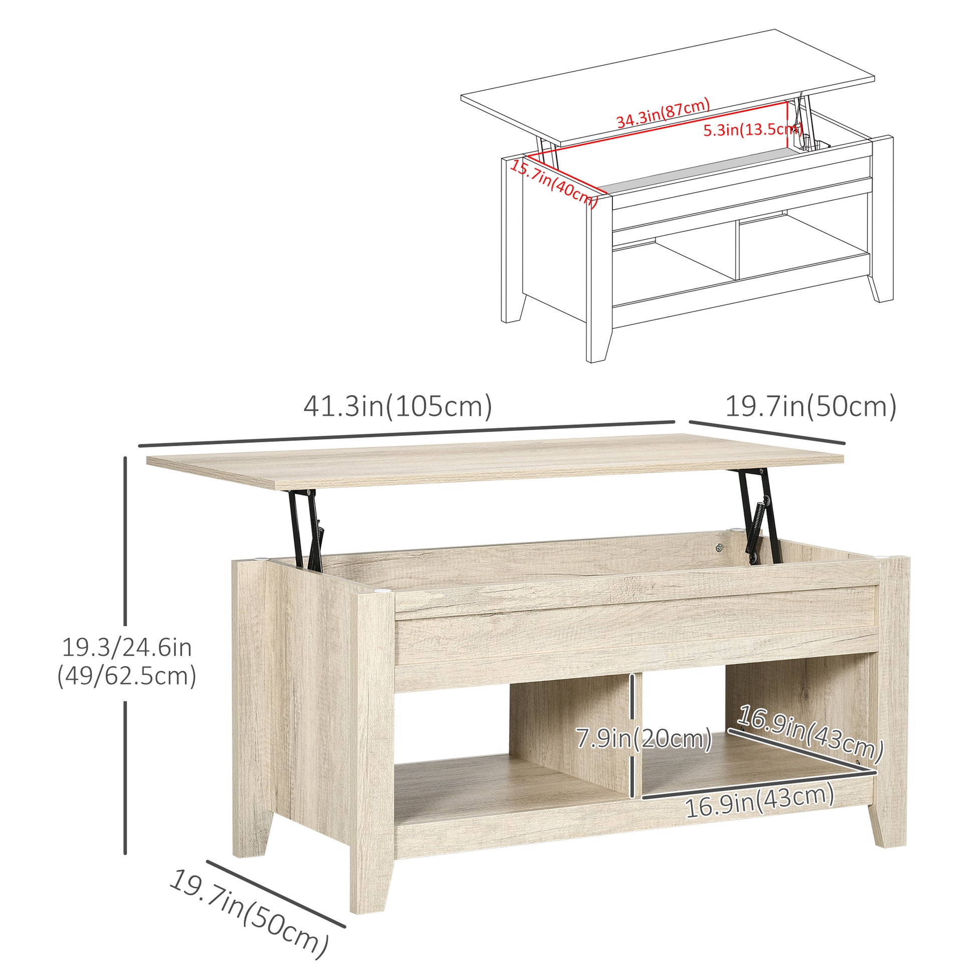 HOMCOM Rising Top Coffee Table with Concealed Storage and Open Shelves for Living Room in Oak Finish - ALL4U RETAILER LTD