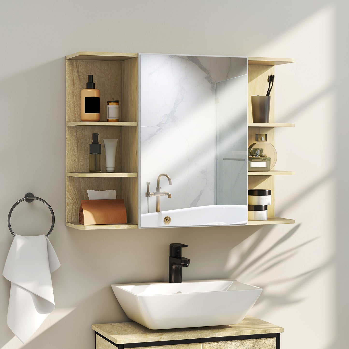 HOMCOM Bathroom Mirror Cabinet With Open Shelves And Hidden Storage In Natural Wood Finish