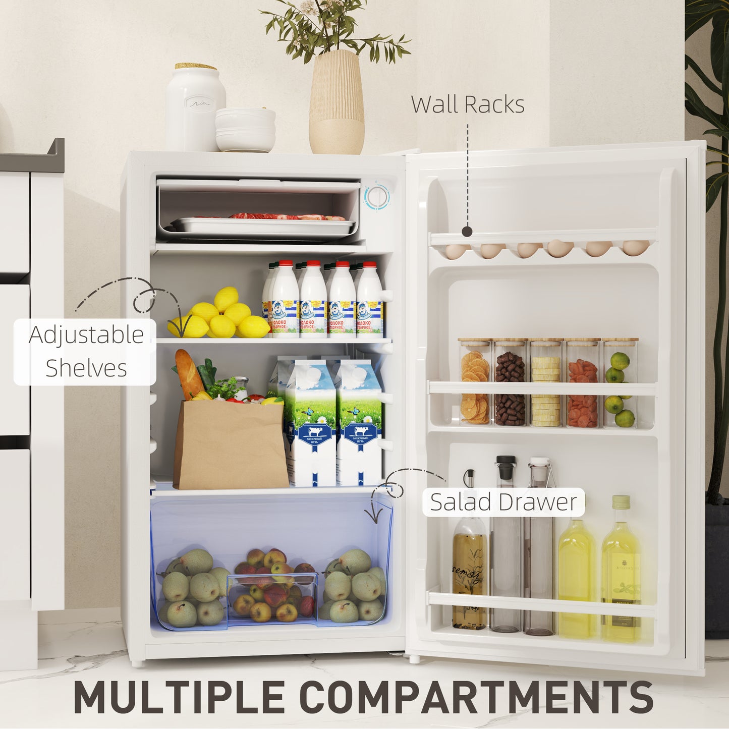 HOMCOM 91L Freestanding Under Counter Fridge With Lock White Compact Small Kitchen Home Office