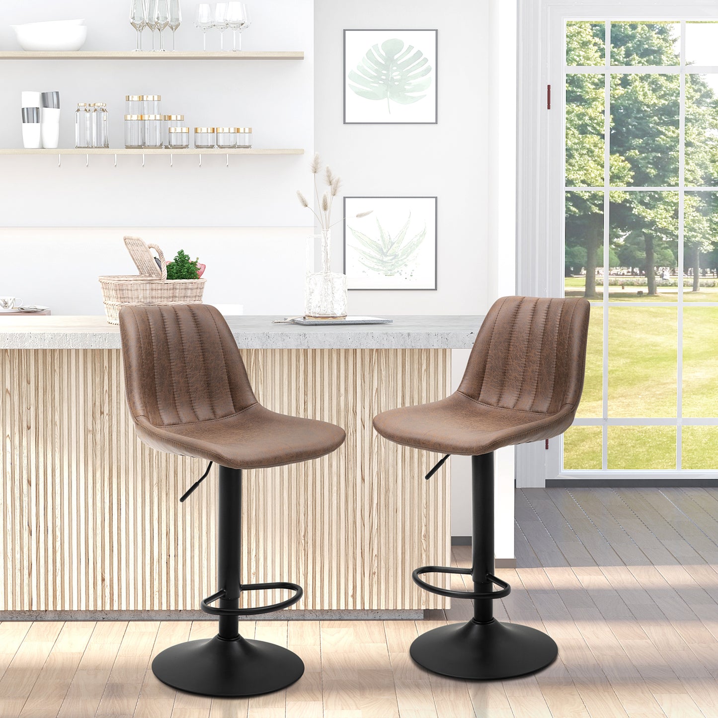 HOMCOM 2-Piece Adjustable Height Barstools with 360° Swivel and Footrest - Retro Brown Dining Chairs for Home Pub Use - ALL4U RETAILER LTD