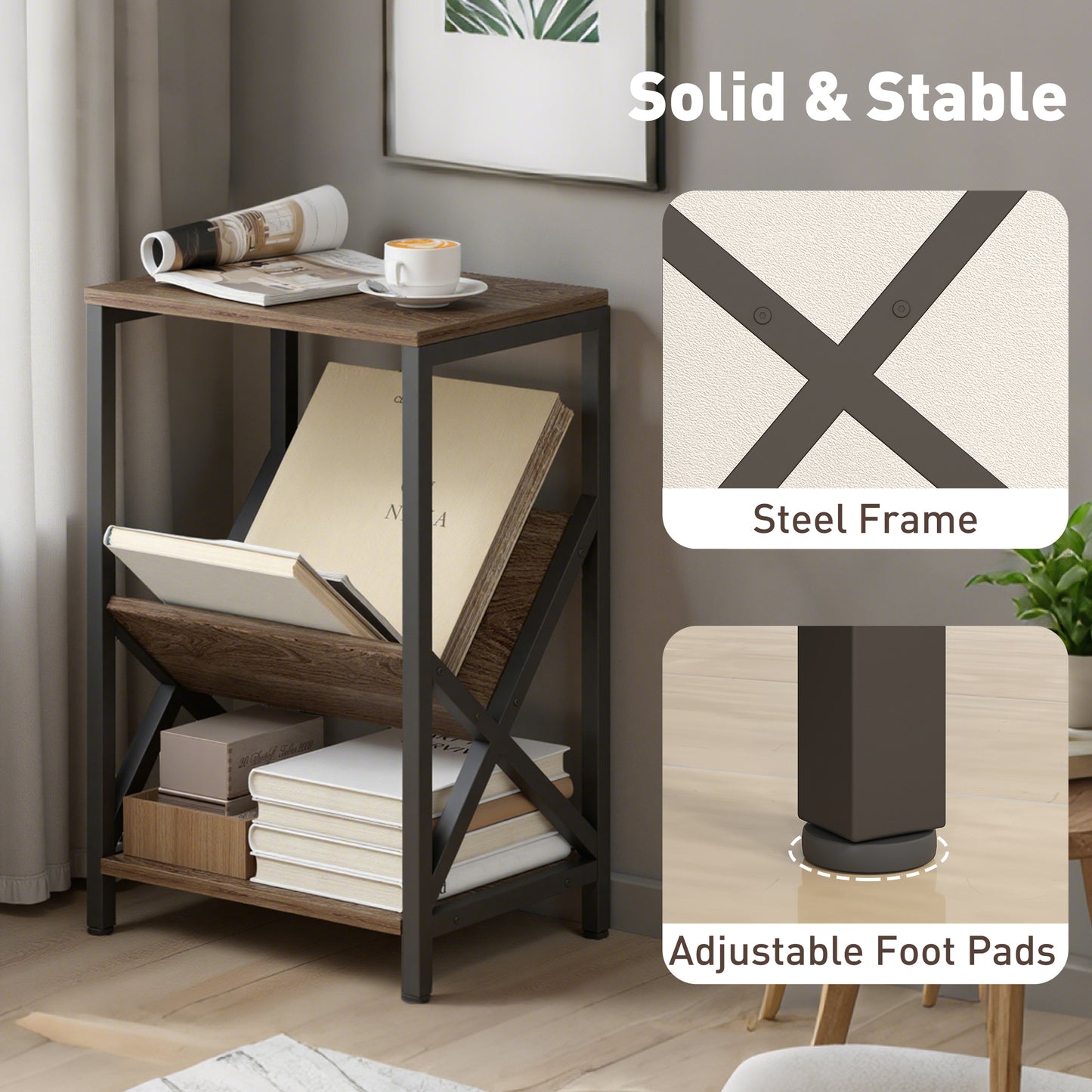 HOMCOM Narrow Side Table With 3 Tier Storage V Shaped Magazine Holder Oak Wood Effect Finish And Black Steel Frame
