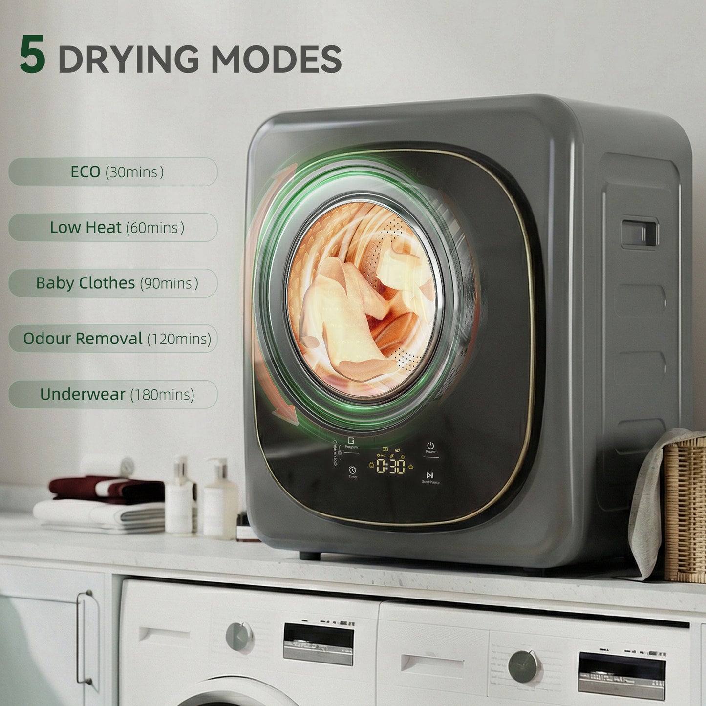 HOMCOM 4kg Vented Tumble Dryer With Five Drying Modes 800W Compact Freestanding Front Tumble Dryer Grey