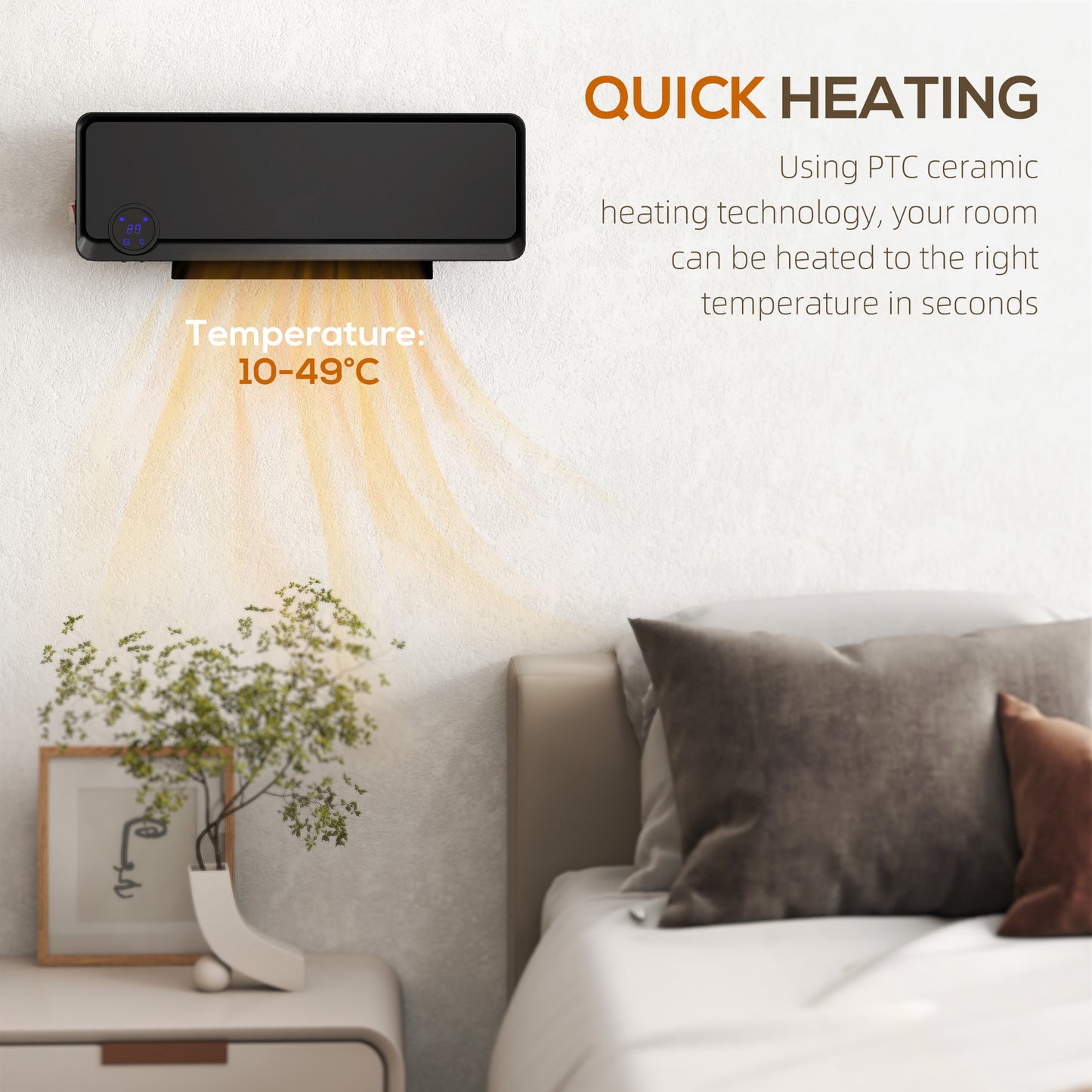 HOMCOM Wall Downflow Heater Timer Remote Oscillating 1000W 2000W Electric Space Heater For Bedroom Home Office Black