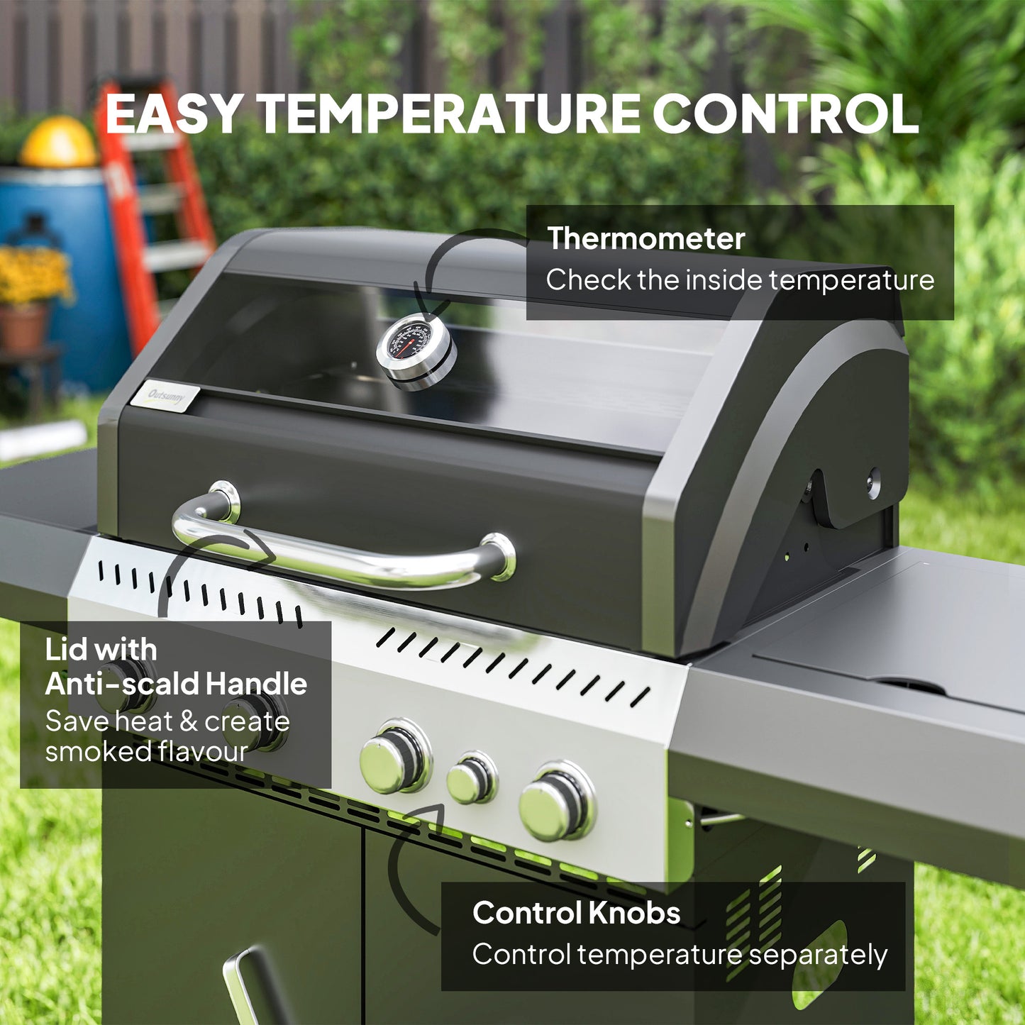 Outsunny 4 Plus 1 Burner Gas BBQ Grill With Clear View Lid Barbecue Grill Builtin Thermometer Side Table Cabinet Wheels