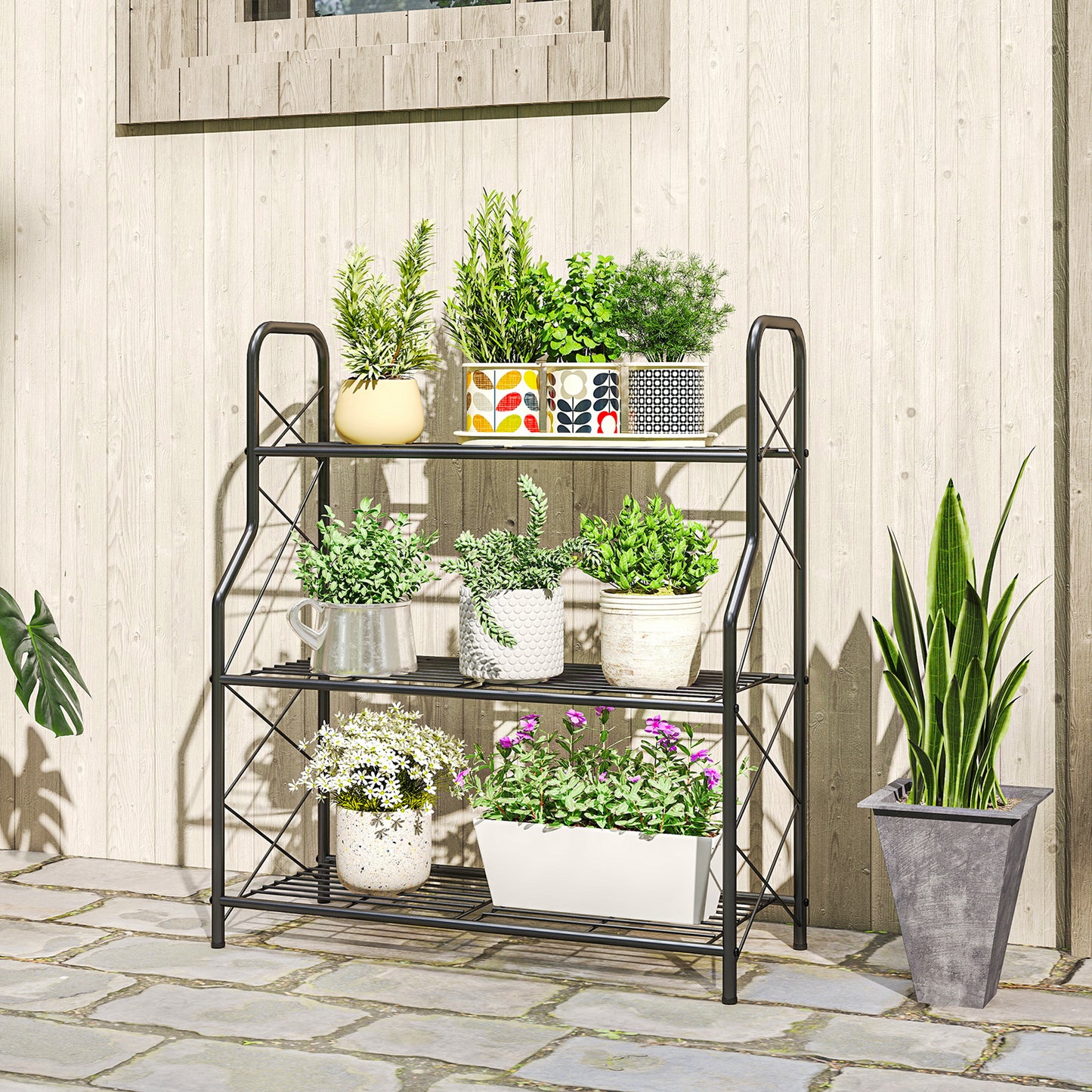Outsunny 3 Tier Metal Plant Stand Heavy Duty Ladder Shelf Potted Plants Display Rack Indoor Outdoor Flower Pot Holder