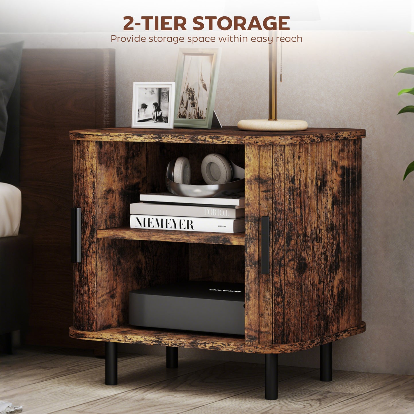 HOMCOM Mid Century Sideboard Cabinet Nightstand Accent Console With Tambour Doors Two Tier Storage Rustic Brown Warm Oak