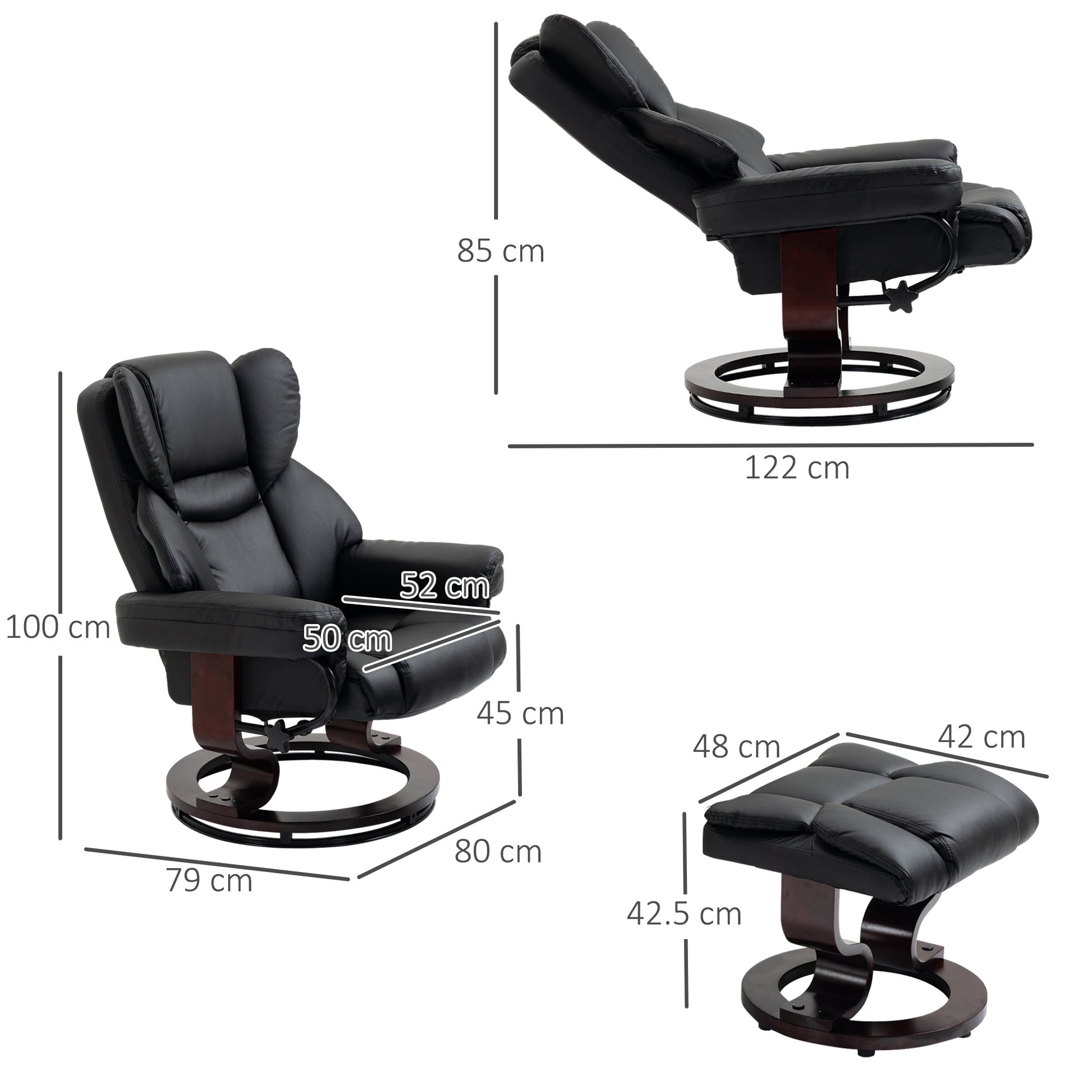 HOMCOM Modern Reclining Swivel Chair and Ottoman Set with Padded Faux Leather in Black - ALL4U RETAILER LTD