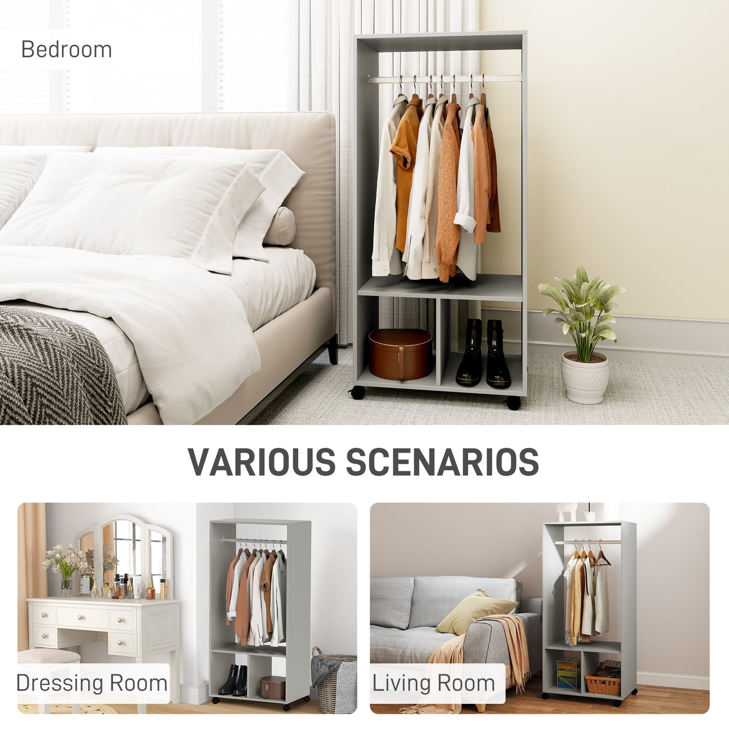 HOMCOM Open Wardrobe On Wheels With Hanging Rail And 2 Shelves Grey Mobile Garment Rack For Cloakroom And Hallway