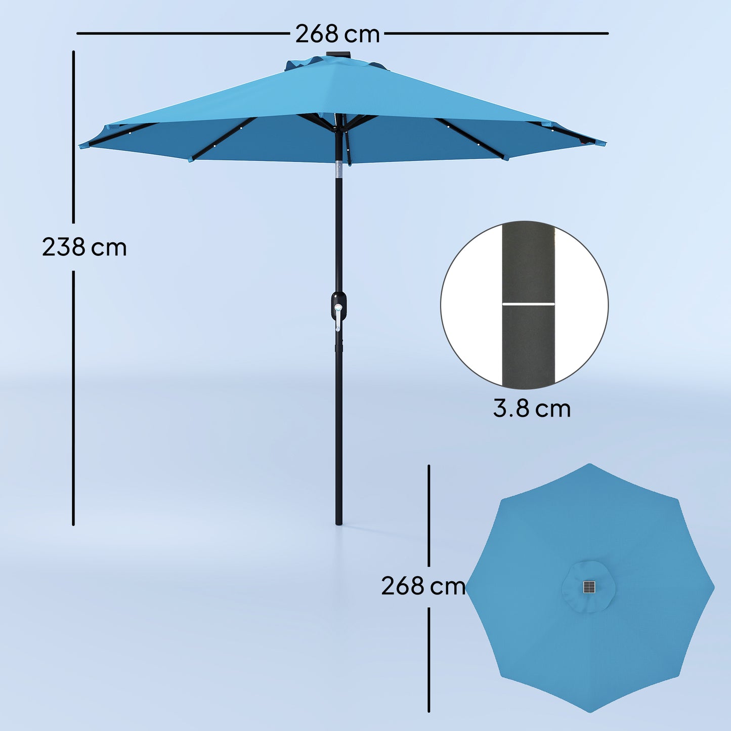 Outsunny 2.7m LED Light Parasol Umbrella Blue With 24 Solar Powered LEDs For Nighttime Ambience