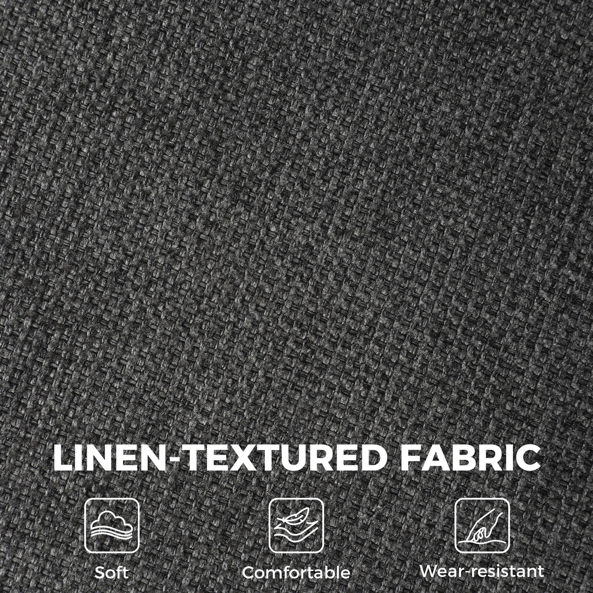Dark grey linen-textured upholstery fabric close-up with dense woven texture.