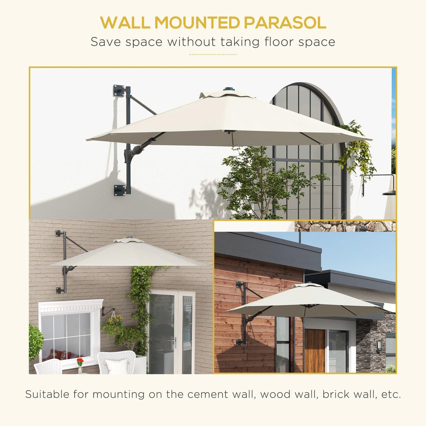 Outsunny Wall Mounted Umbrella with Vent, Garden Patio Parasol Umbrella Sun Shade Canopy, Beige - ALL4U RETAILER LTD