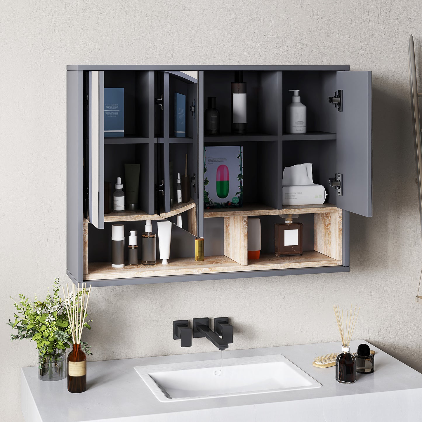 HOMCOM Wall Mounted Bathroom Mirror Cabinet With 3 Doors And Cupboards In Grey Modern Bathroom Storage Organizer