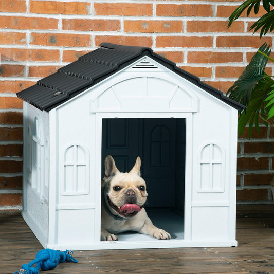 PawHut Weather-Resistant Dog House, Puppy Shelter for Medium Dogs - Grey - ALL4U RETAILER LTD