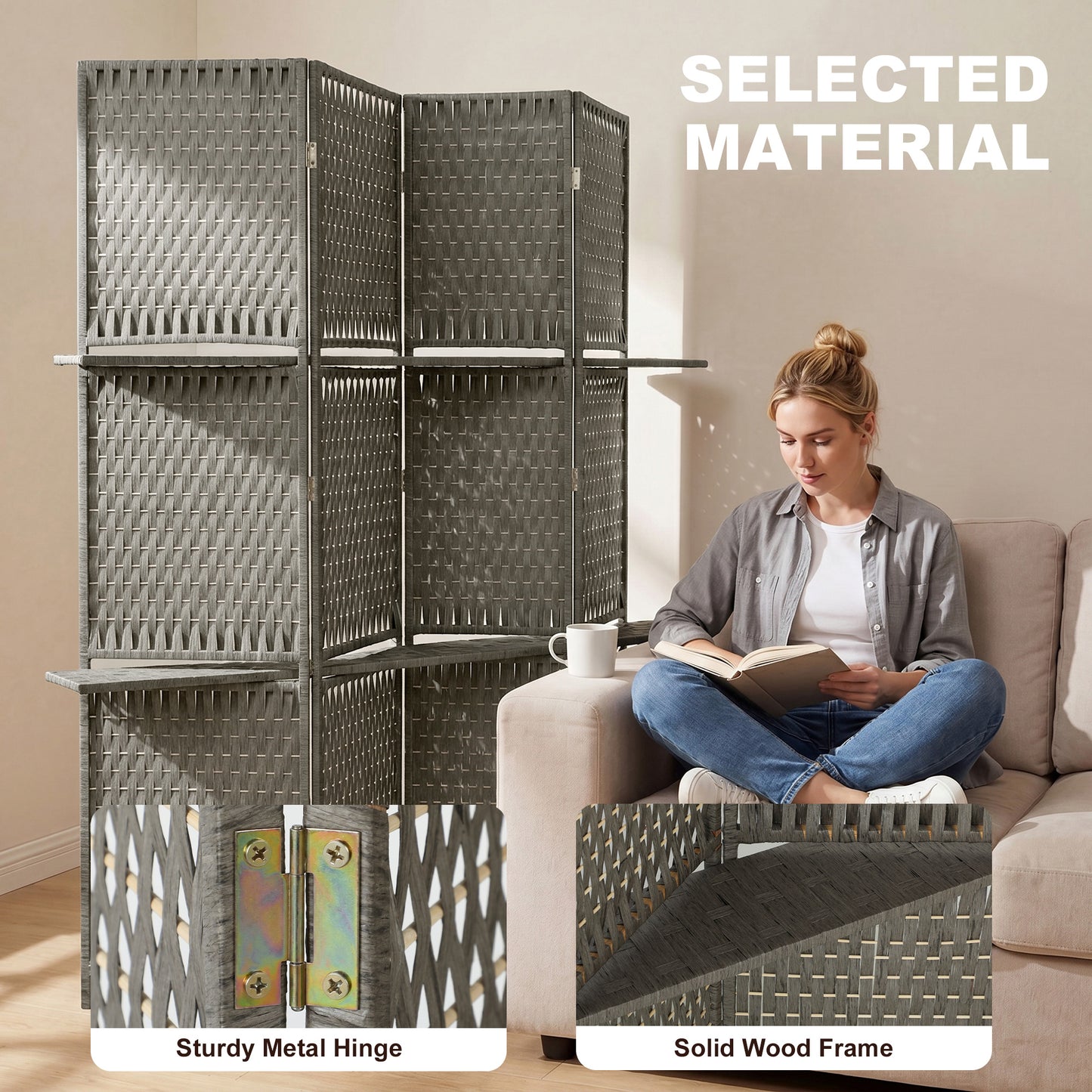 HOMCOM Wave Fibre Freestanding Folding Privacy Screen Panels Room Divider Grey With Shelves For Storage