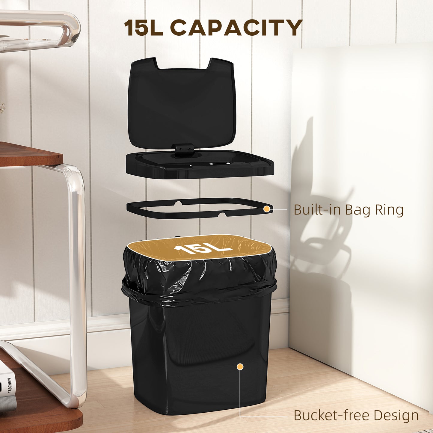 HOMCOM 15L Sensor Bin Touchless Automatic Kitchen Bin with Manual Mode Battery Operated Black