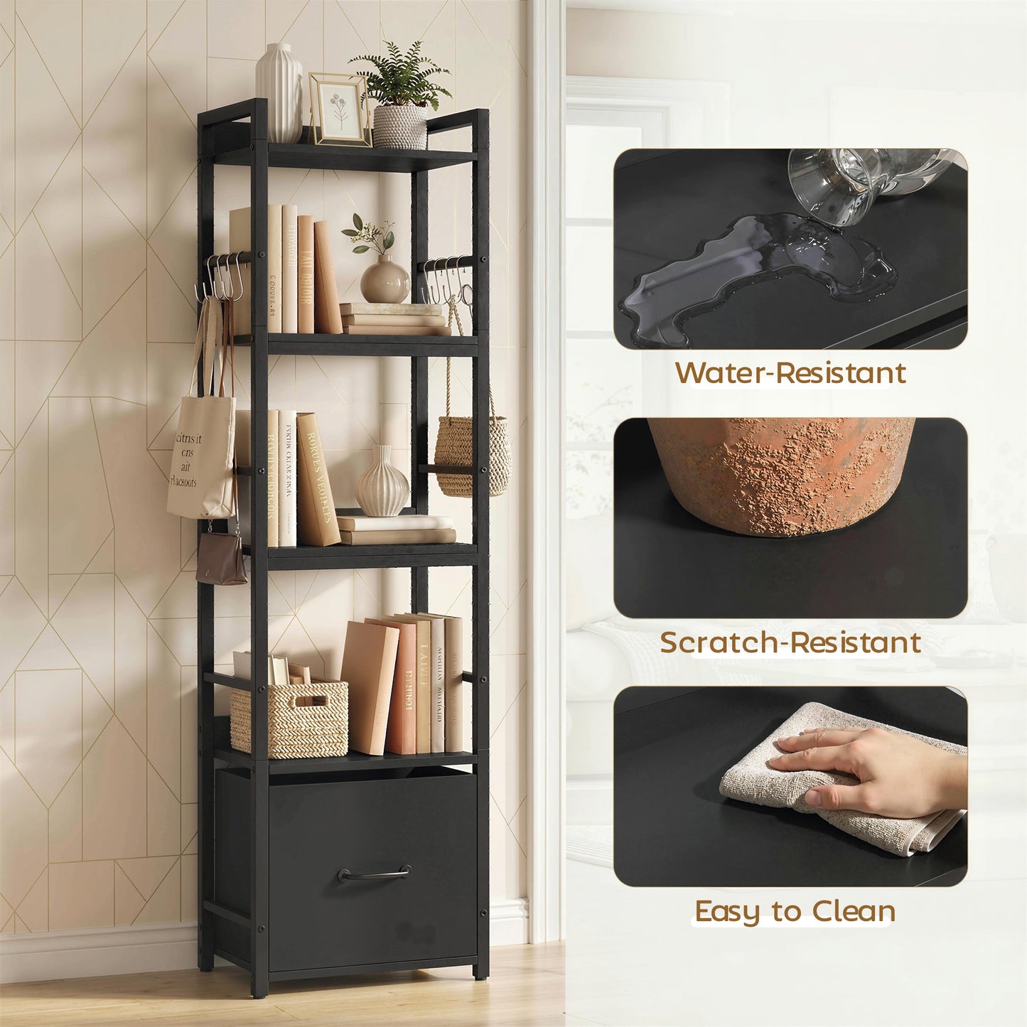 HOMCOM 4 Tier Narrow Bookshelf With Drawer And 8 Hooks Metal Frame Black Storage Display Shelving For Small Spaces