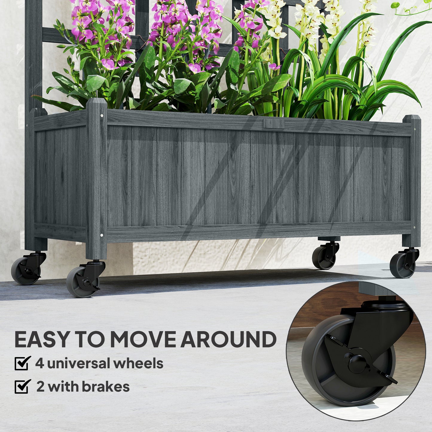Outsunny Wooden Trellis Planter With Wheels Raised Garden Bed For Climbing Vegetables Herbs And Flowers Grey