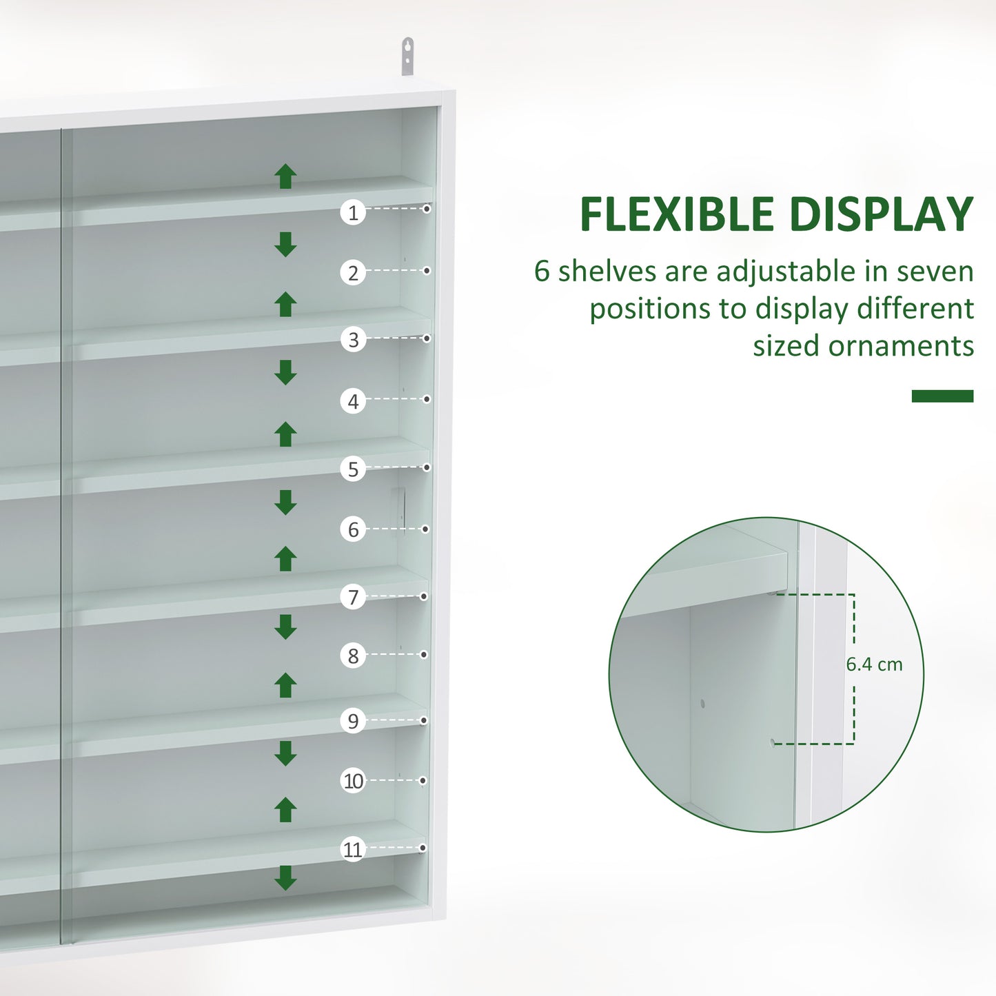 Homcom Six Shelf Display Cabinet With Glass Doors White Wall Display Cabinet Six Adjustable Shelves 11 Positions