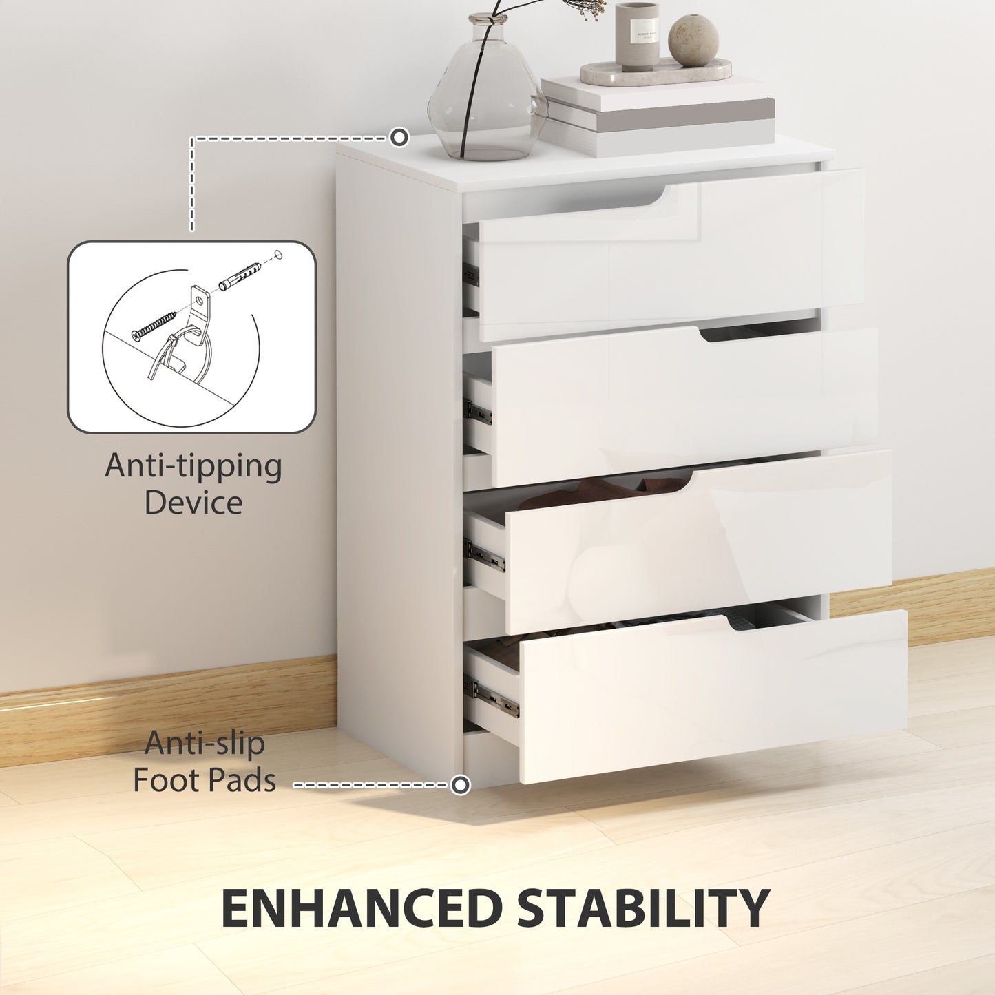 HOMCOM High Gloss White Chest Of Drawers With 4 Drawers And Matching Two Drawer Bedside Table Modern Set