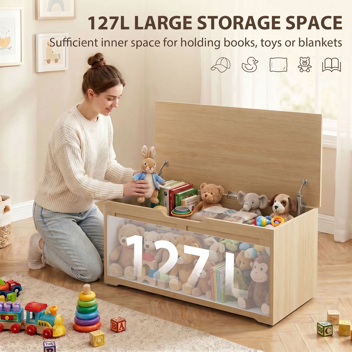HOMCOM 127L Storage Box With Safety Hinges And Flat Lid Nature Wood Finish Ideal For Blanket Storage And Seating