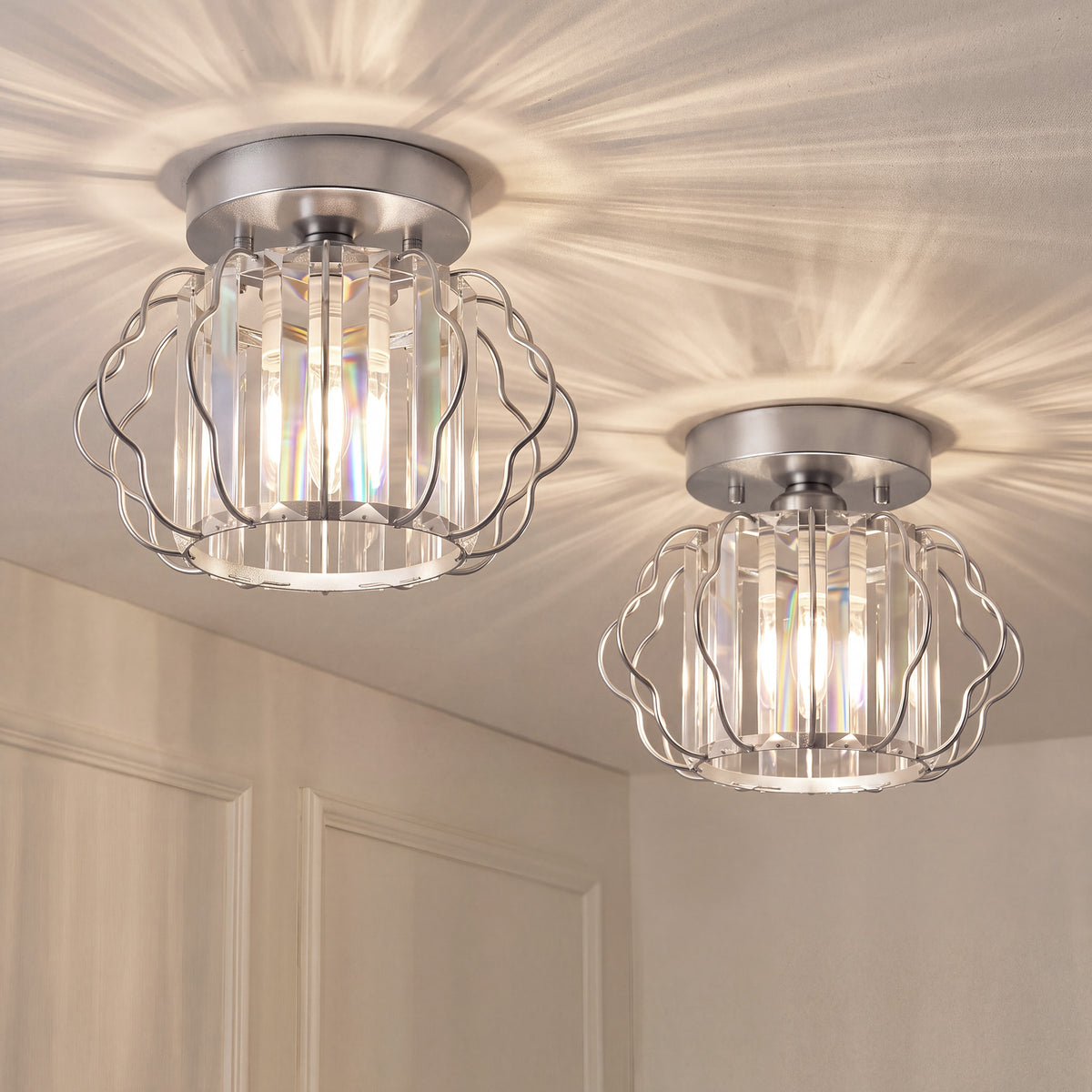 Silver semi-flush ceiling light with clear crystal bars and curled metal frame