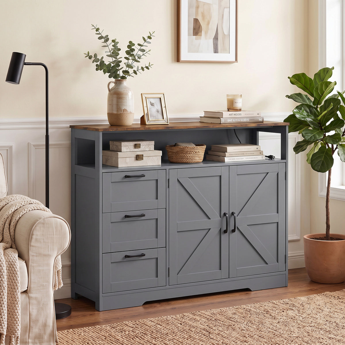 HOMCOM Grey Farmhouse Sideboard with Power Outlet 3 Drawers Open Shelf