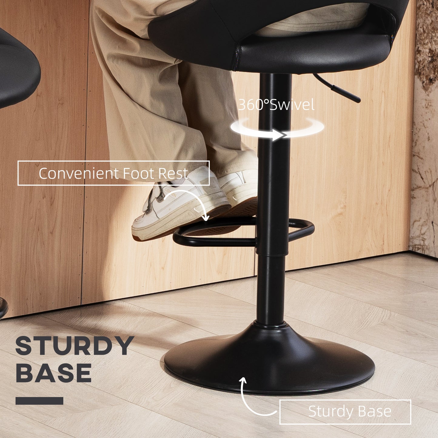 HOMCOM Set Of Two Faux Leather Bar Stools Black Adjustable Height 87 To 109 Cm Swivel 360 Degree For Kitchen Counter