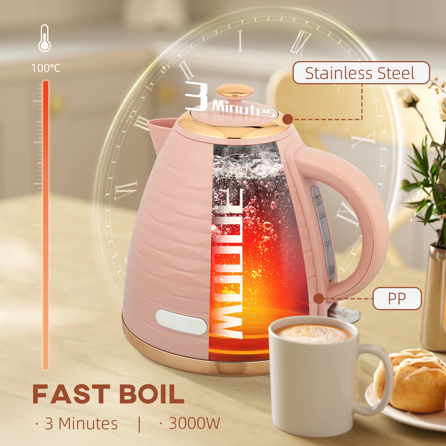 HOMCOM 3kW Rapid Boil Honeycomb Kettle In Pink With Boil Dry Protection For Fast Tea And Coffee
