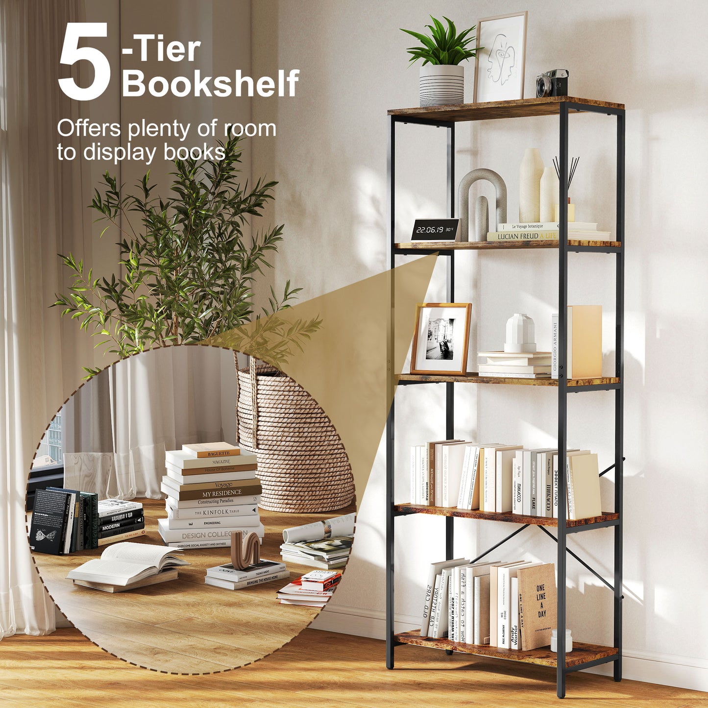 HOMCOM Five Tier Bookshelf Industrial Bookcase With Metal Frame Rustic Brown And Black