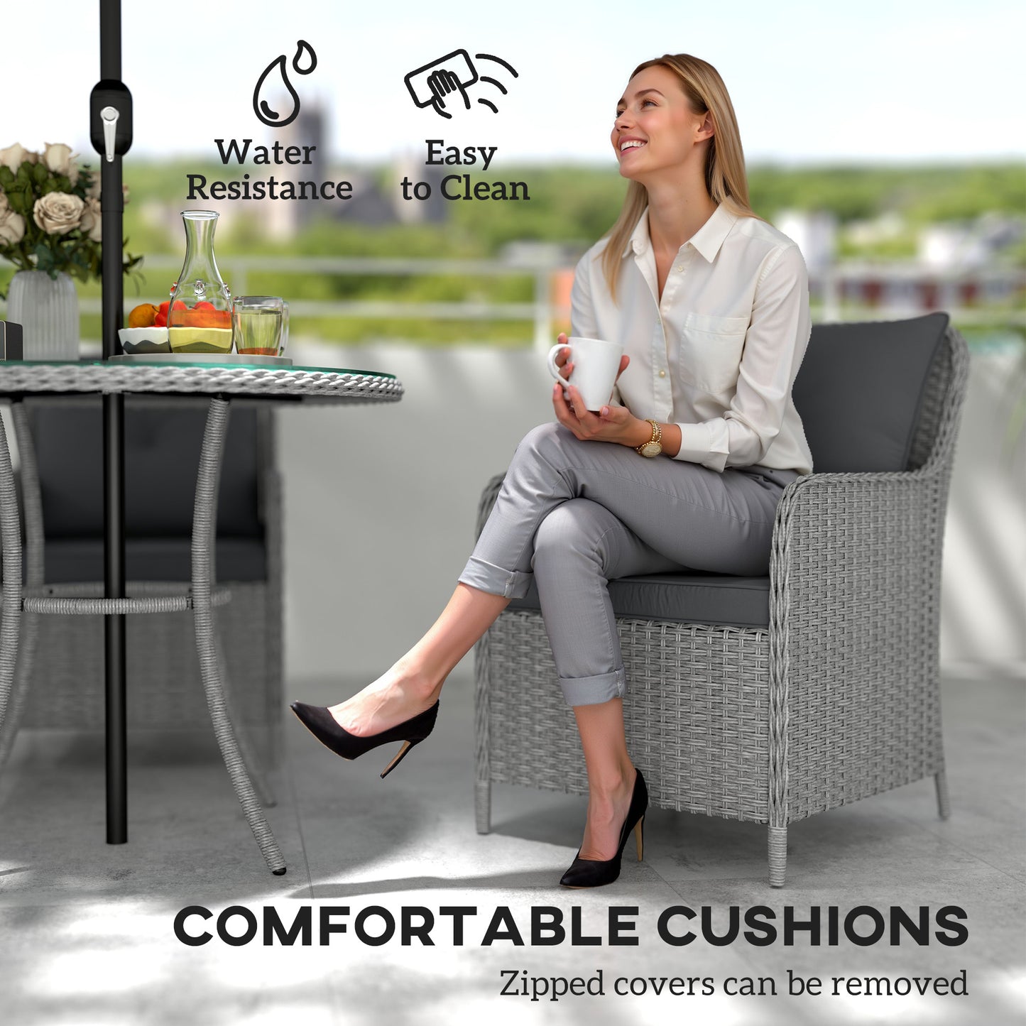 Outsunny 4 Seater Rattan Outdoor Dining Set With Round Table Parasol And Cushions Light Grey