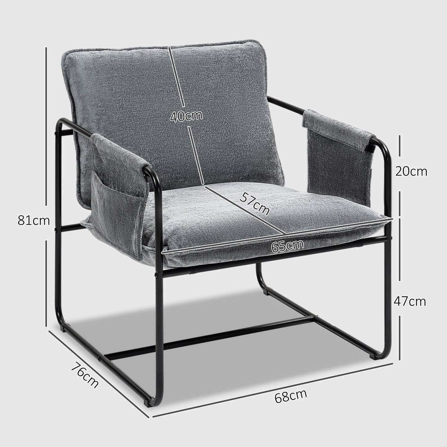 HOMCOM Minimal Padded Accent Chair With Pockets Grey Chenille Upholstery Removable Washable Covers And Storage Arms