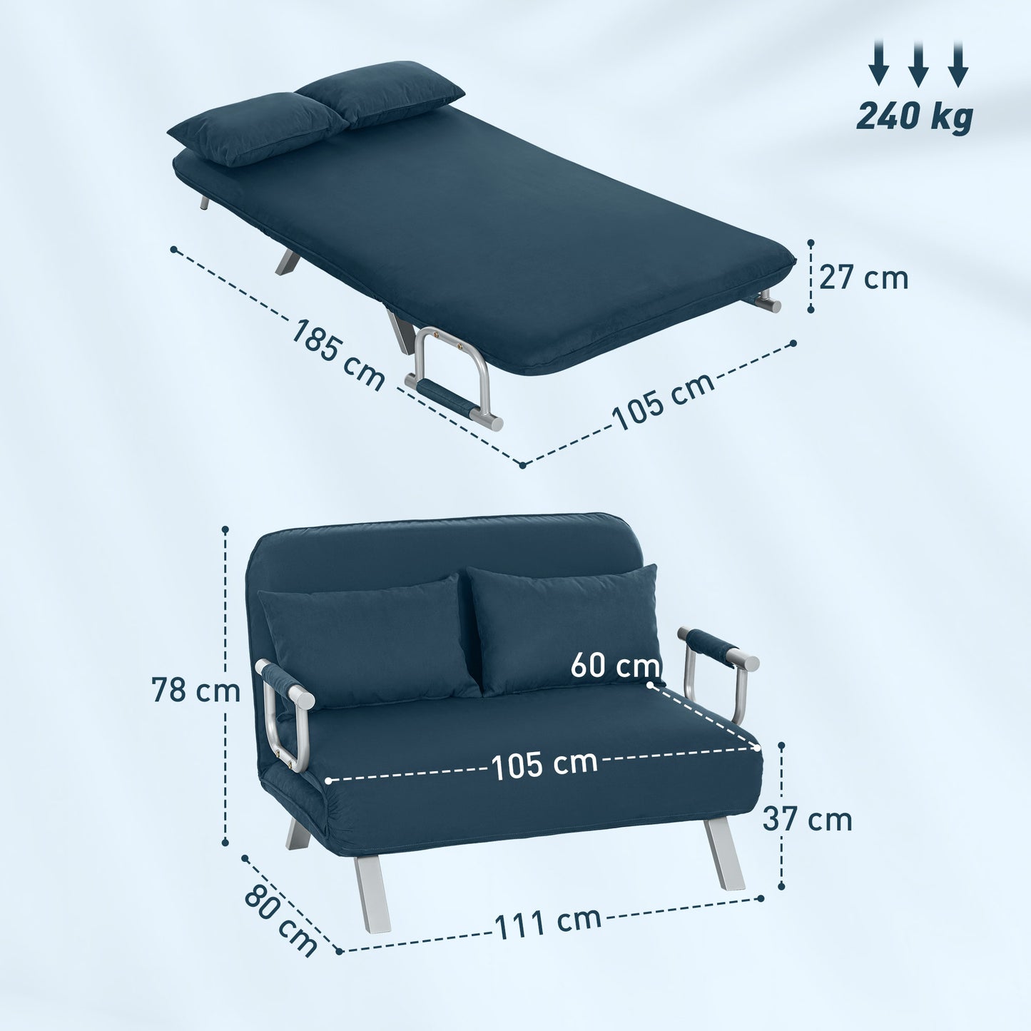 HOMCOM Two Seater Click Clack Sofa Bed Navy Blue With Adjustable Back And Faux Suede Upholstery