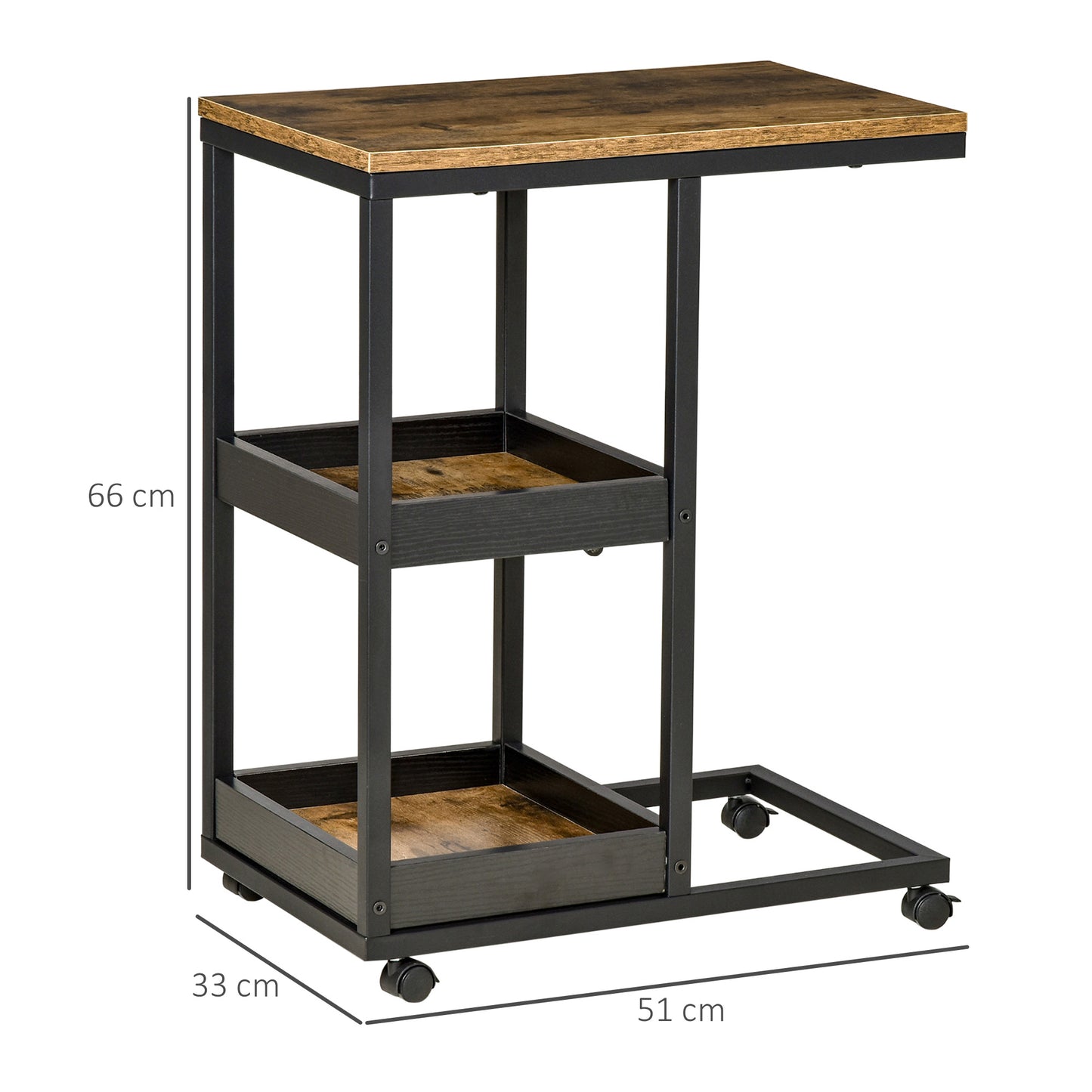 HOMCOM Mobile Sofa Side Table Set Of Two Industrial C Shaped Rolling Tables With 3 Tier Storage Dark Brown