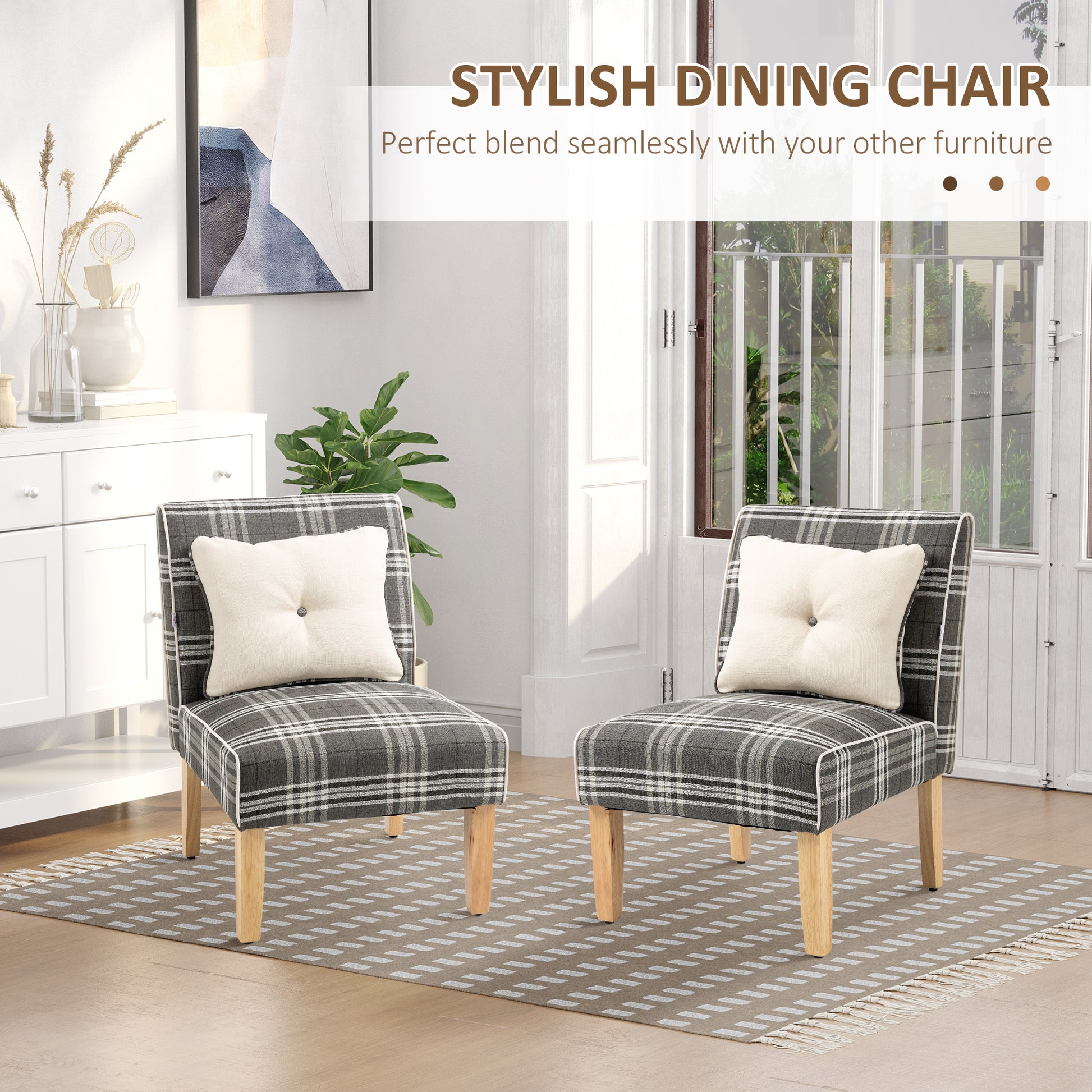 HOMCOM Contemporary Set of 2 Accent Dining Chairs with Checked Upholstery and Cushions, Rubber Wood Legs, Ideal for Kitchen and Living Room, Grey - ALL4U RETAILER LTD