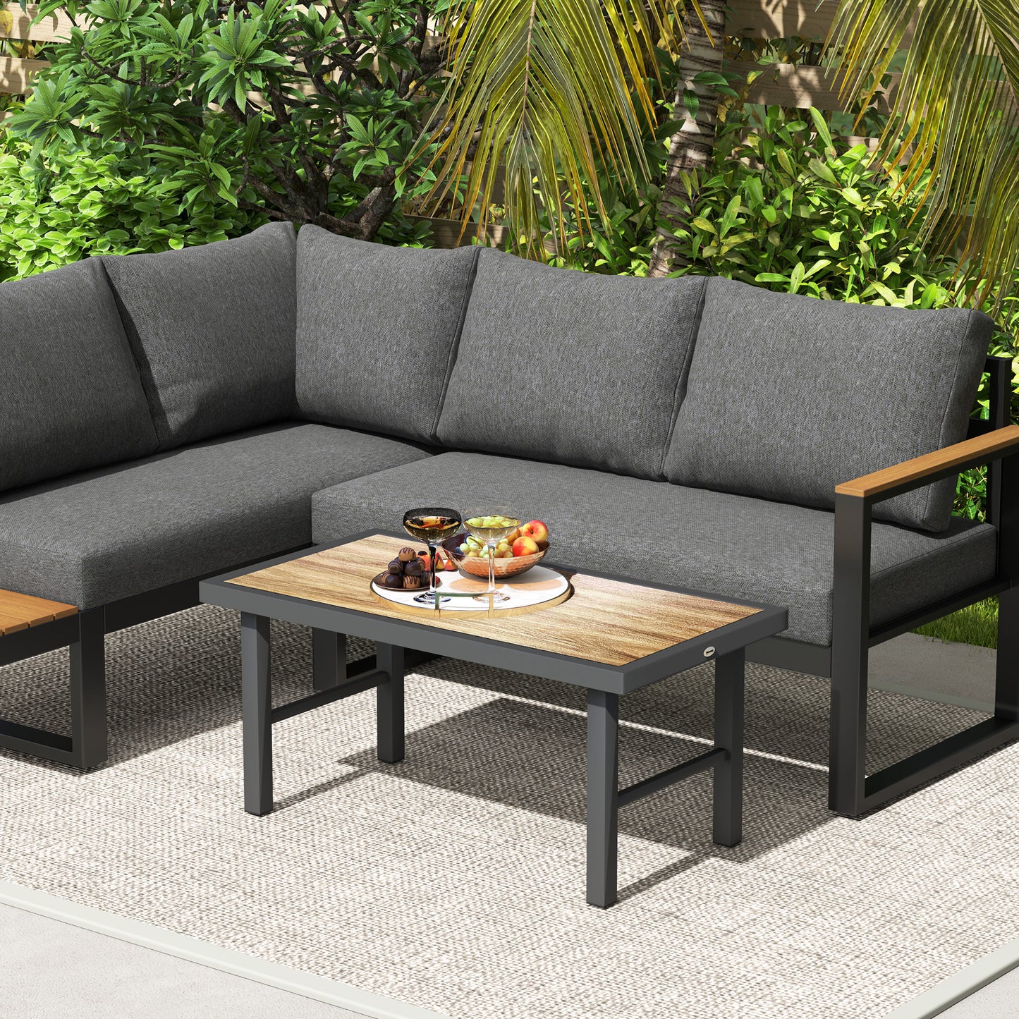 Outsunny Metal Garden Coffee Table With SPC Woodgrain Tabletop Outdoor Side Table 100 x 53 x 46 cm Brown
